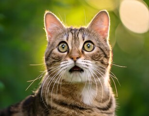 the surprised cat expressing curiosity and charm against a soft green background
