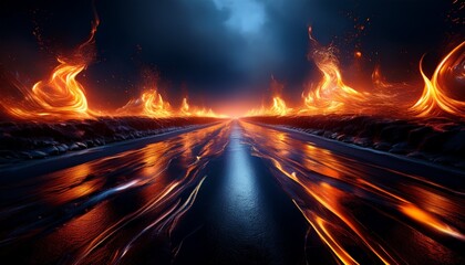 abstract dark background with a long wet road illuminated by fierce flames
