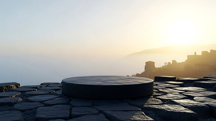 Ancient stone platform overlooking foggy valley at sunrise