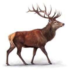 Obraz premium A majestic red deer stag with large antlers walks on a white background.