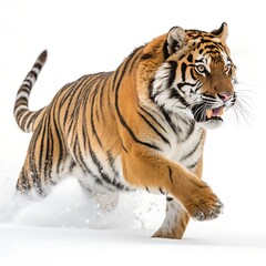 Fototapeta premium Majestic tiger running through fresh snow on a white background.