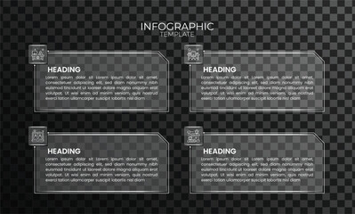Modern four-step infographic template with transparent glass panels, icons and text boxes on alpha background for business workflow, presentation and UI design.
