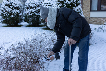 Senior male caring for bushes in winter landscape emphasizing activity independence and seasonal home maintenance. 