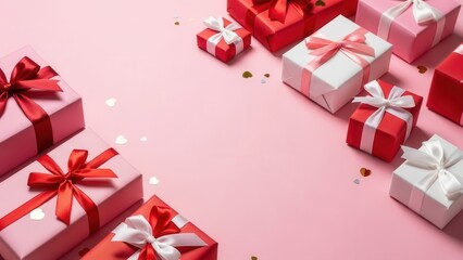 Diagonal composition of gift boxes on pink background with gold confetti