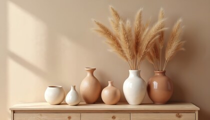 Collection of five vases with dry wheat grass arrangements on a wooden shelf. Neutral beige tones dominate background and decor. Minimalist boho home interior style.