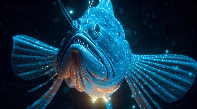 A large, bioluminescent deep-sea fish with an open mouth and sharp teeth swims towards the right against a dark background with scattered blue lights