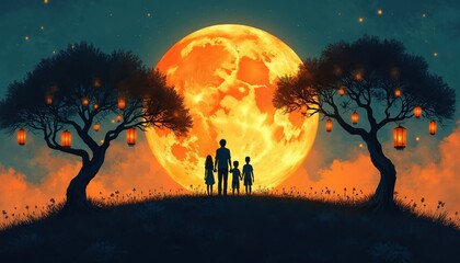 Family with two kids stand on hill watching big orange moon. Trees with lanterns light up night sky. Warm glow from moon and lamps creates magical atmosphere of togetherness and peace.
