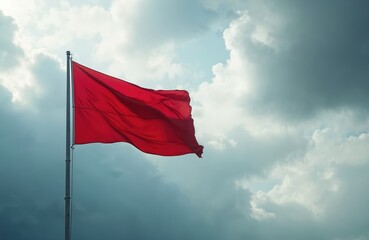 Red flag waves on pole against dramatic cloudy sky. Fabric flutters in wind, signaling caution or danger. Atmospheric scene with bold color contrast.