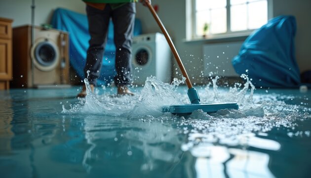 Person mops flooded room with washing machines in background. Water damage cleanup after pipe burst or heavy rain, dealing with home disaster and property peril.