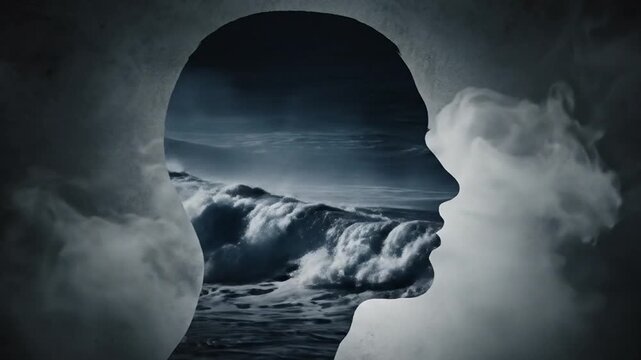 Silhouette of a head with a stormy ocean inside, symbolizing inner turmoil and mental state.