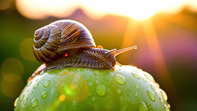 A snail rests on a dewy green apple, with the warm sunlight creating a radiant backdrop. The snail's unique texture contrasts with the smooth apple surface, enhancing the natural scene.