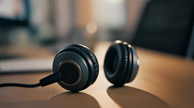 Pair of headphones resting on a wooden desk, with a blurred background of a computer and office environment