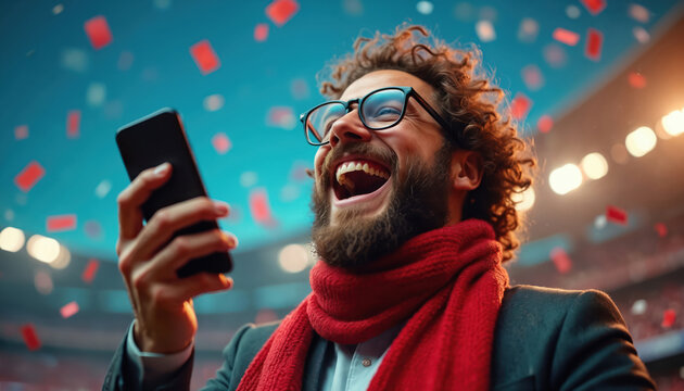 Man in glasses with red scarf holds smartphone. He laughs joyfully amidst falling red confetti. Crowd watches lights in stadium background. Excited person reacts to good news on device.