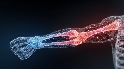 Human arm skeleton with glowing blue and red network visualization