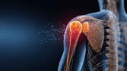 Human shoulder anatomy with highlighted joint and glowing network connections
