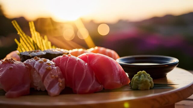 A beautifully arranged platter of sushi sits invitingly as the sun sets in the background, casting warm light on the colorful pieces. This sushi display features fresh fish, wasabi, and soy sauce.
