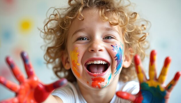 Joyful child with colorful paint smudges on face and hands laughs excitedly. Curly hair kid expresses happiness, playing with vibrant art supplies indoors.