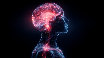 Glowing brain inside futuristic human head with neural connections