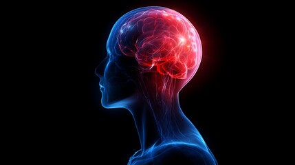 Human head with brain highlighted in red and blue on black background