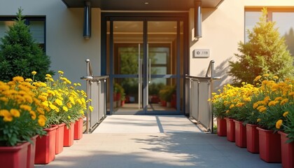 Modern building entrance with ramp and railings. Bright yellow flowers in red pots line paved pathway. Sunlight creates dappled shadows on the ground. Accessible entryway.
