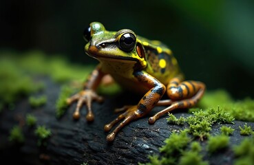 Fototapeta premium Vietnamese mossy frog sits on moss covered log. Amphibian has green and yellow body with orange stripes. Wildlife macro photo shows animal camouflage.