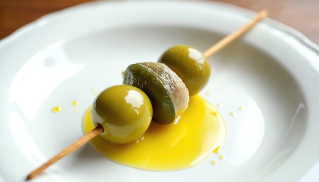 Three green olives and anchovy pieces on skewer, with olive oil pool on white plate. Appetizer served as small snack. Culinary item for light meal. - Powered by Adobe