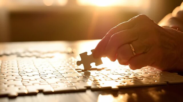 A man carefully places a puzzle piece onto a table filled with interlocking puzzle pieces in warm light. This scene captures the man's focus as he completes the puzzle with dedication.