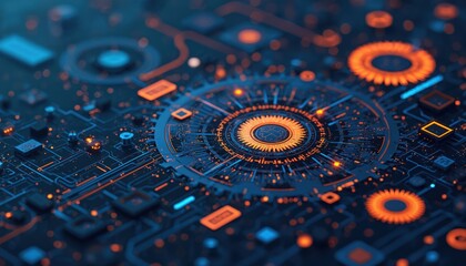 Abstract digital circuit board with glowing blue and orange lines and nodes. Futuristic technology background for software development and data processing.
