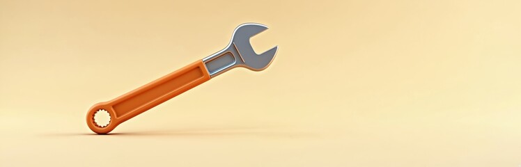 Isolated 3D render of an orange wrench. This tool is used for repairs and maintenance work. It has a metallic head and an orange handle. The background is a plain beige color.