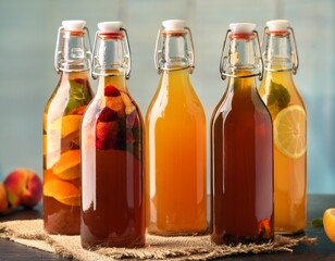 homemade kombucha in glass bottles infused with vibrant fresh fruit flavors