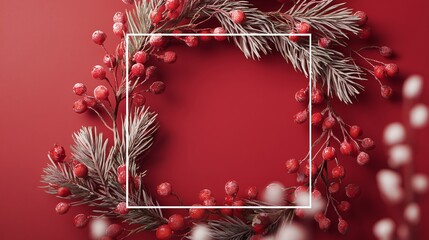 Winter holiday frame border made from frosted red berries and pine branches