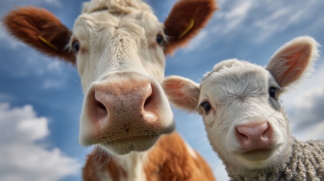 Close up of curious cow and young calf looking directly at camera