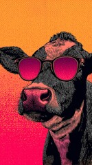 Stylish black and white cow wearing cool pink sunglasses portrait art