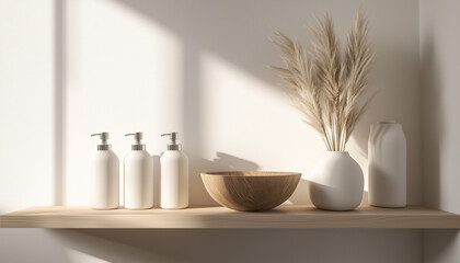 Minimalist shelf with white bottles, wood bowl, and pampas grass in vase. Clean bright background with shadow patterns