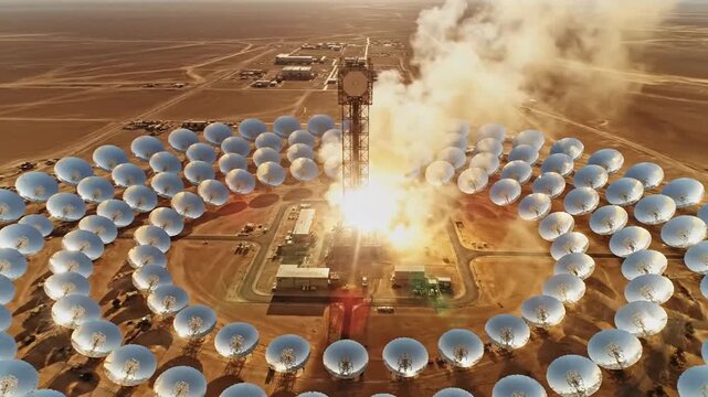 Solar Power Tower Generating Energy with Heliostats in Desert Landscape