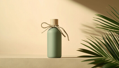 Minimalist green cosmetic bottle with rope accent sits on sand. Natural green plant and soft light create serene desert oasis vibe