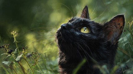 Beautiful black cat gazes upward through green grass with bright eyes