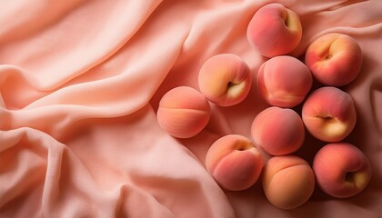 freshly picked juicy peaches artistically arranged on soft peach fuzz canvas