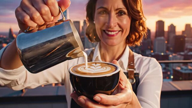Barista Making Latte Art on Rooftop With Cityscape Sunset - Close Up