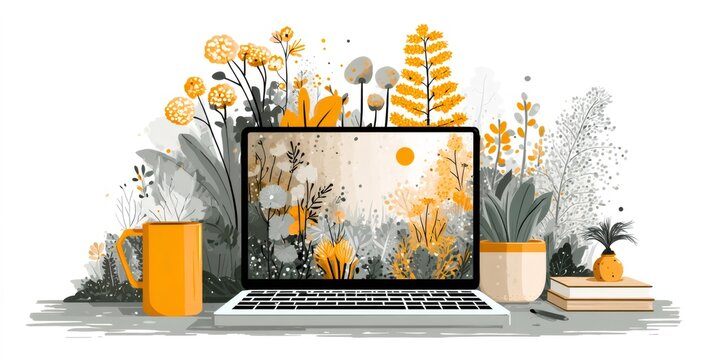 Digital workspace with plants and laptop showing nature art