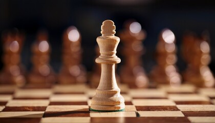 wooden chess king standing on a chessboard with other blurry pieces in the background representing strategy leadership and competition