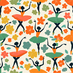 retro bold colors  dancing ballerinas in a seamless floral pattern from the 1960's 