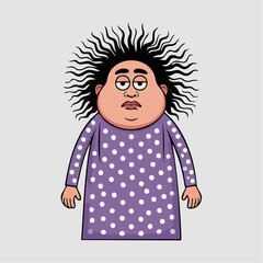 polka dot mood; spiky-haired figure stares with sleepy eyes and cartoon calm in purple and gray