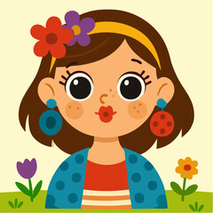 whistle and wink; freckled girl in flowers and polka dots beams with mismatched charm and cartoon joy