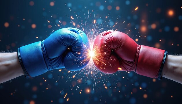 Red and blue boxing gloves collide in digital space. Sparks fly from impact, symbolizing fierce competition or debate. Abstract background with glowing lights.