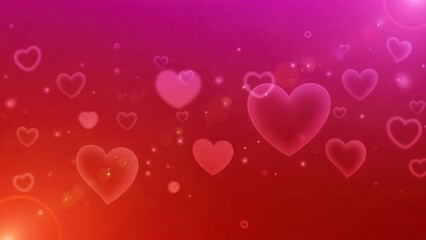 Vibrant red and pink background with floating translucent heart shapes and light leaks