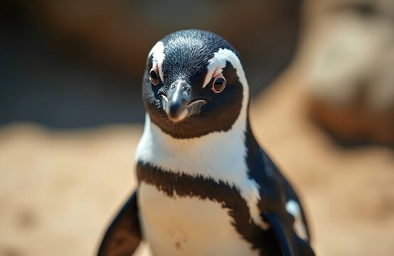 This African penguin stands on sandy ground. Its black and white feathers show distinct markings. The bird looks directly forward with curious eyes. Its beak is pointed and gray.