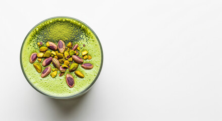 Green matcha latte with pistachios and matcha powder on white background, copy space
