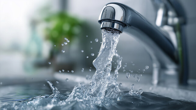 Running tap water splashing in kitchen sink representing cleanliness and daily use.
