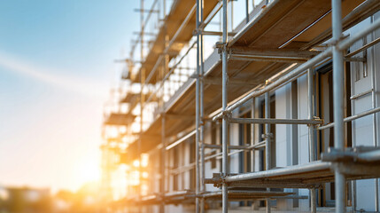 Building construction site with metal scaffolding illuminated by warm sunset light.
